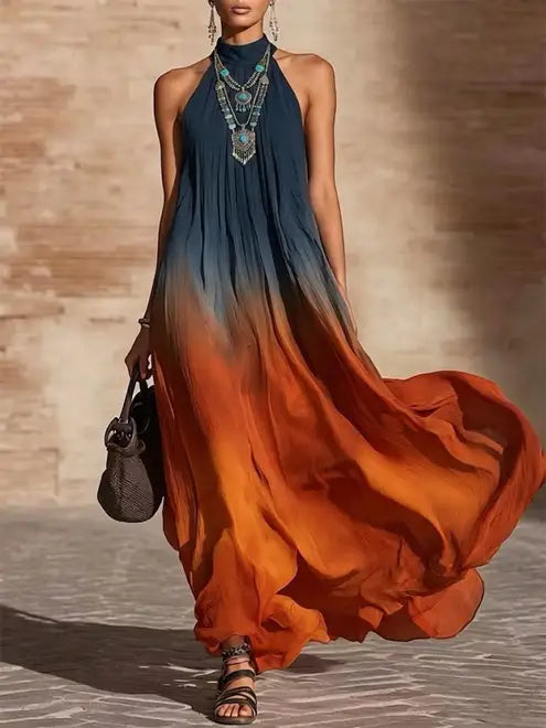 Party Dress Women Halter Neck | Flowy Ombre Chiffon Maxi Length#colour_multicolour