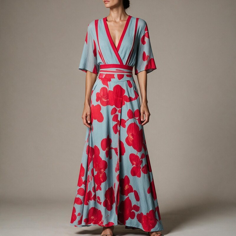 Party Dress Women Poppy Print | Kimono Sleeves and Contrast Trim #colour_red