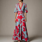 Party Dress Women Poppy Print | Kimono Sleeves and Contrast Trim #colour_red