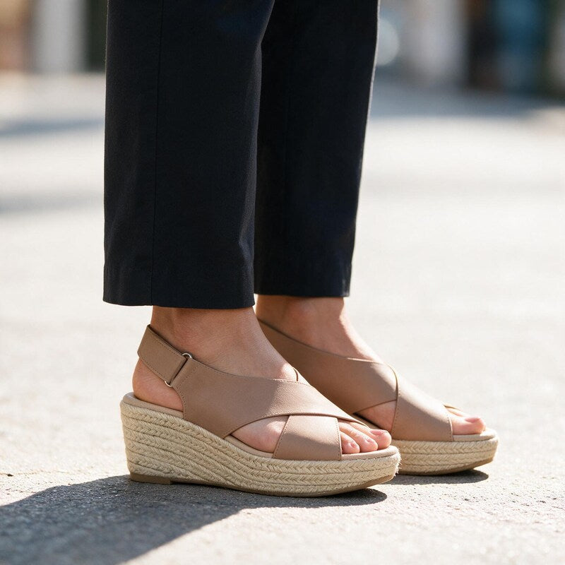 Sandals Women Crossed Vamp | Elegant Jute Wrapped Wedge Slingback #colour_beige