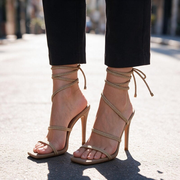 Sandals Women Lace Up Ankle Ties | Elegant Square Toe Stiletto #colour_taupe