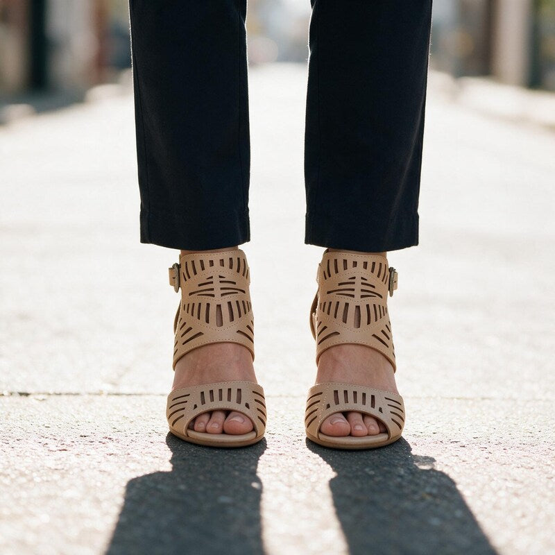 Sandals Women Laser Cut Band | Chic Block Heel Ankle Strap #colour_beige