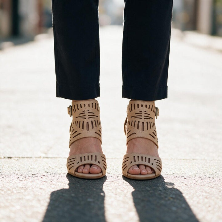 Sandals Women Laser Cut Band | Chic Block Heel Ankle Strap #colour_beige
