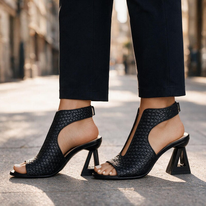 Sandals Women Slingback Woven Upper | Elegant Sculptural Flared Heel #colour_black