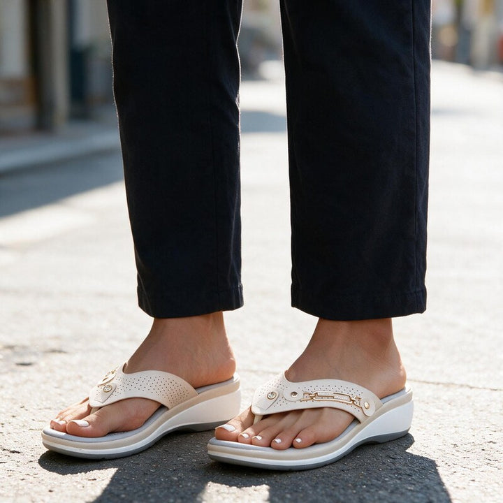 Sandals Women Toe Post | Relaxed Cushioned Wedge Sole #colour_beige