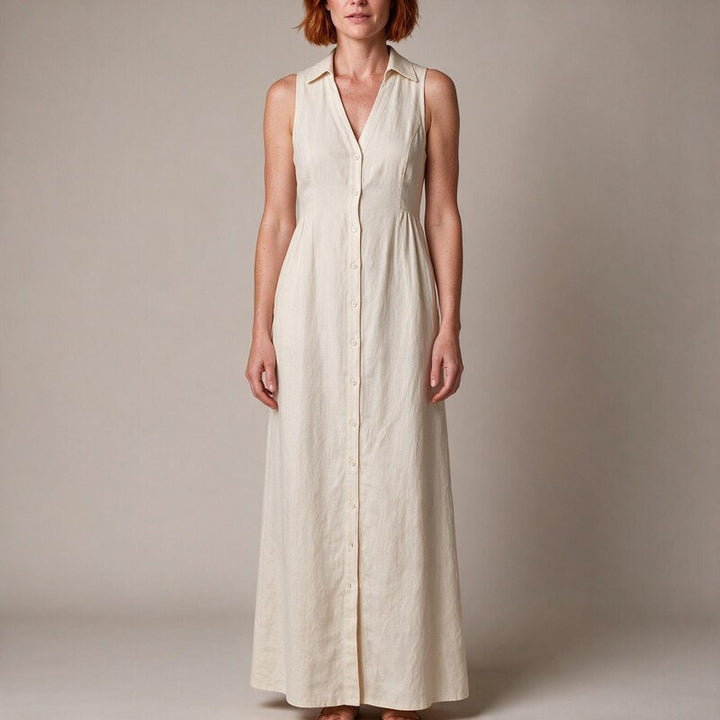 Shirt Dress Women Button Through | Sleeveless Linen with Pockets #colour_white