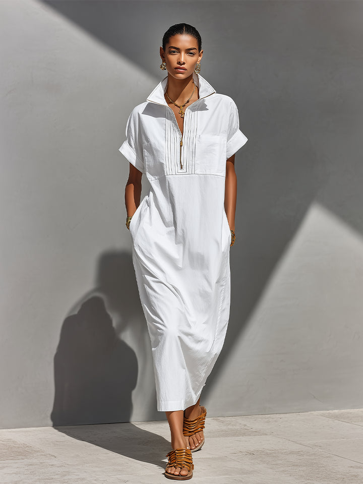 Shirt Dress Women Collared | Relaxed Short Sleeve Maxi Length#colour_white