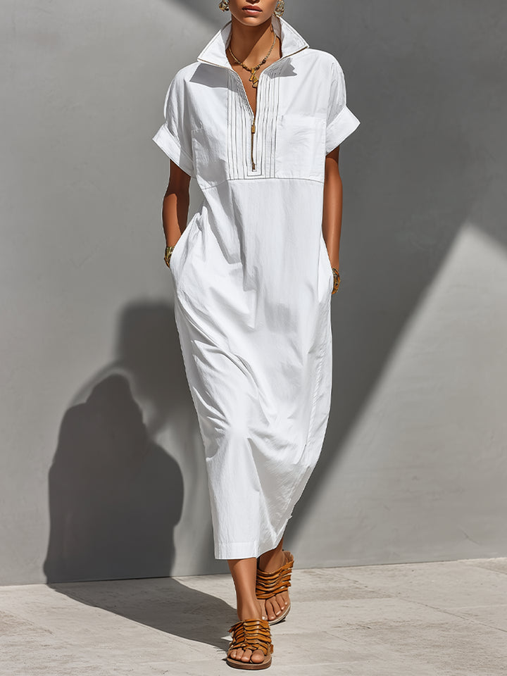 Shirt Dress Women Collared | Relaxed Short Sleeve Maxi Length#colour_white