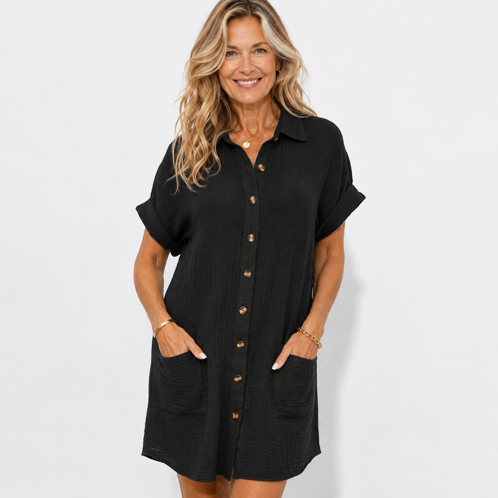 Shirt Dress Women Cotton Linen | Relaxed Button Through Pockets#colour_black