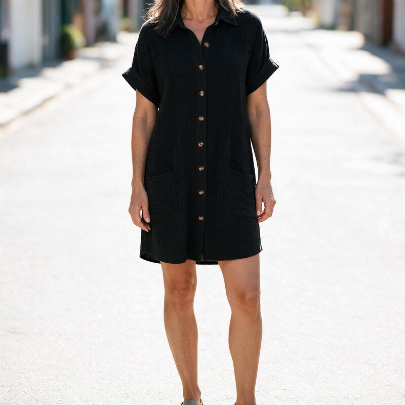 Shirt Dress Women Cotton Linen | Relaxed Button Through Pockets#colour_black