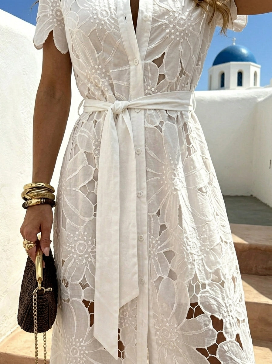 Shirt Dress Women Lace Trim | Elegant Belted Maxi Length#colour_white