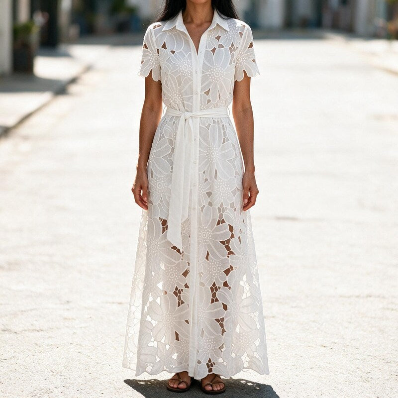 Shirt Dress Women Lace Trim | Elegant Belted Maxi Length#colour_white