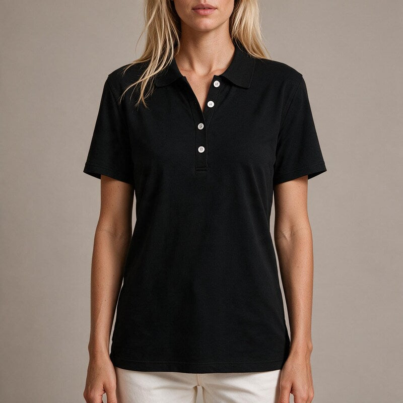 Shirt Women Polo Collar Cotton | Relaxed Short Sleeve #colour_black