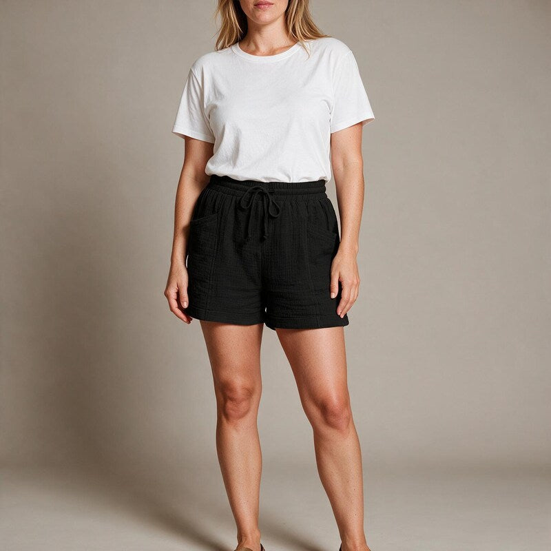 Shorts Women Cotton Muslin | Relaxed Drawstring Waist #colour_black