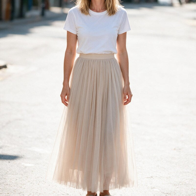 Skirt Women Ankle Length Tulle | Flowing High Waist #colour_beige