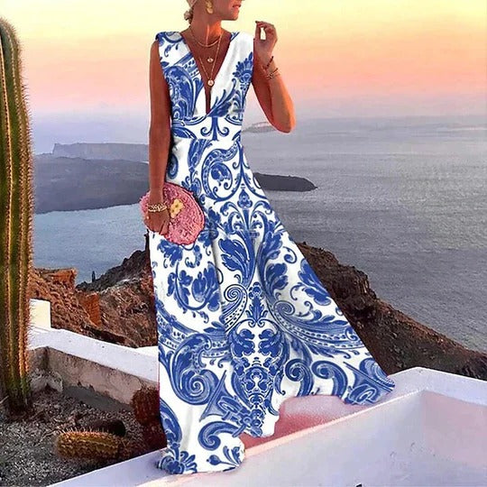 Slip Dress Women Printed Satin | Flowy Deep V Neck Maxi#colour_blue