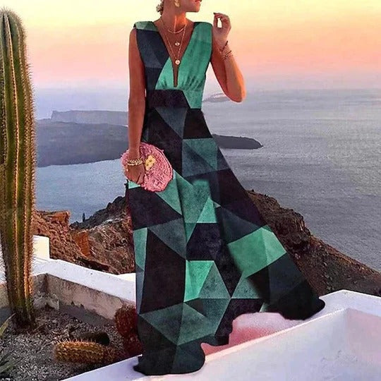 Slip Dress Women Printed Satin | Flowy Deep V Neck Maxi#colour_green