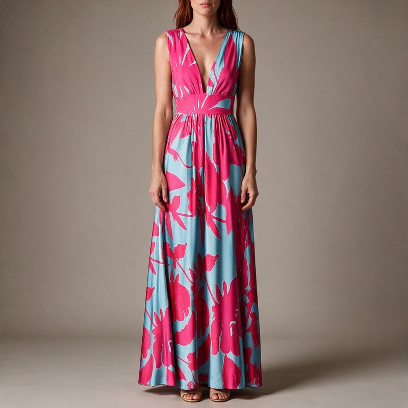 Slip Dress Women Printed Satin | Flowy Deep V Neck Maxi#colour_multicolour