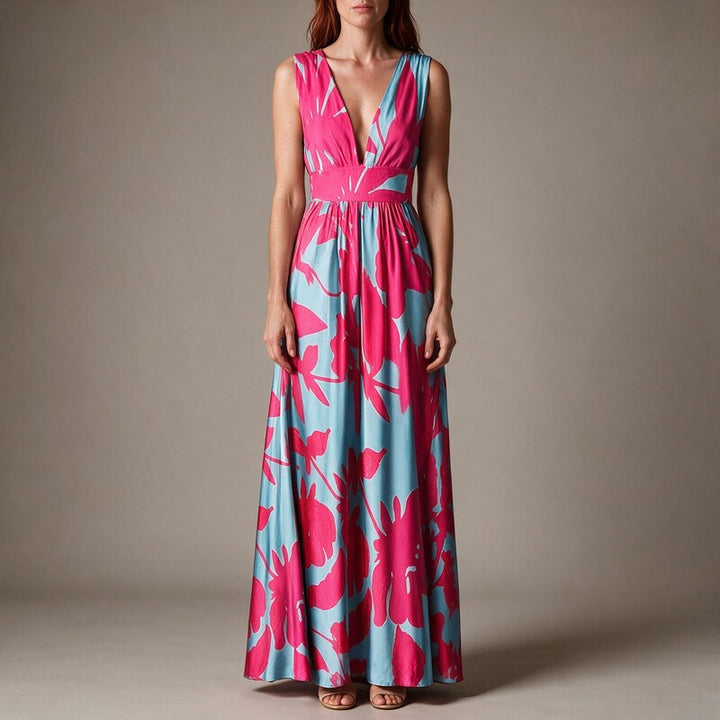 Slip Dress Women Printed Satin | Flowy Deep V Neck Maxi#colour_multicolour