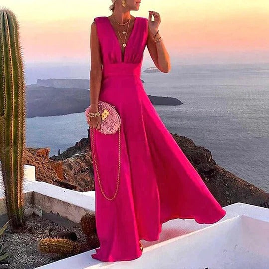Slip Dress Women Printed Satin | Flowy Deep V Neck Maxi#colour_magenta