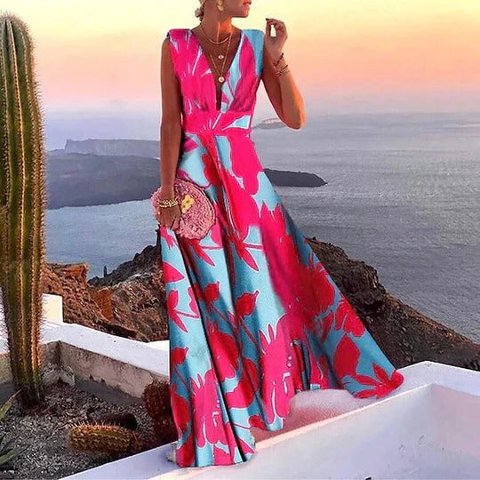 Slip Dress Women Printed Satin | Flowy Deep V Neck Maxi#colour_multicolour