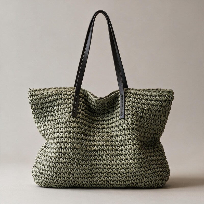Straw Bag Women Oversized Woven | Open Weave and Long Handles #colour_green