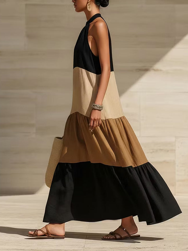 Summer Dress Women Colour Block | Chic Halter Tiered Skirt#colour_multicolour