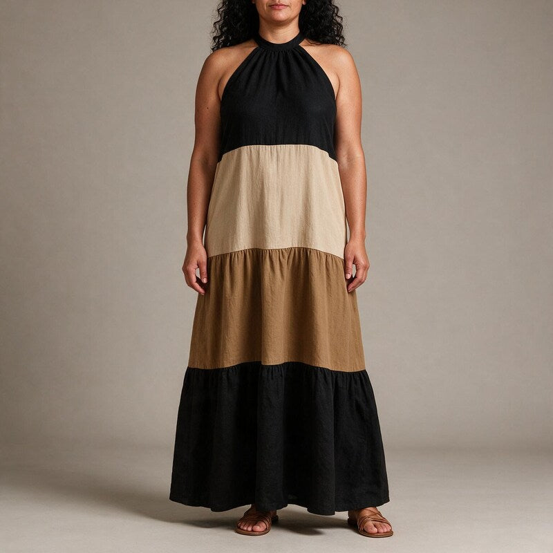 Summer Dress Women Colour Block | Chic Halter Tiered Skirt#colour_multicolour