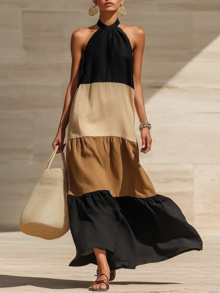 Summer Dress Women Colour Block | Chic Halter Tiered Skirt#colour_multicolour