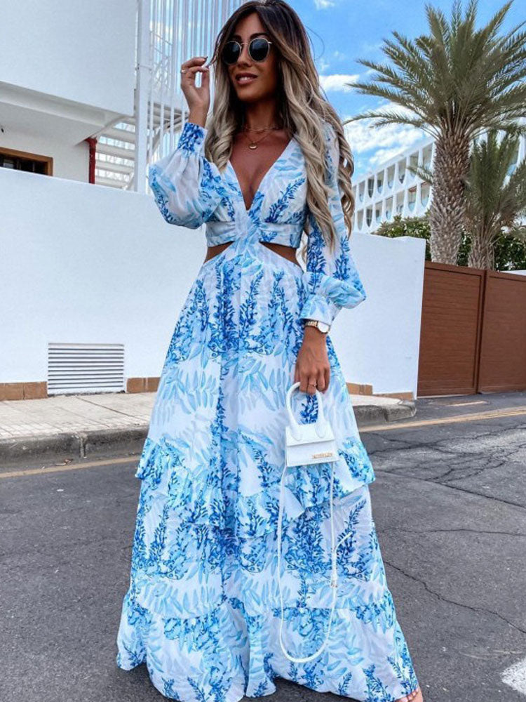Summer Dress Women Cut Out Waist | Breezy Printed Chiffon Maxi#colour_blue