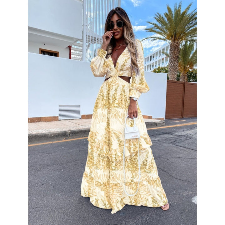 Summer Dress Women Cut Out Waist | Breezy Printed Chiffon Maxi#colour_mustard