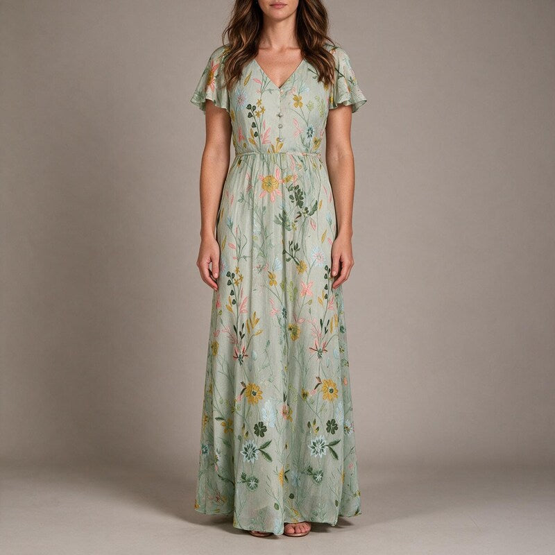 Summer Dress Women Flutter Sleeves | Fine Floral on Woven Chiffon #colour_green