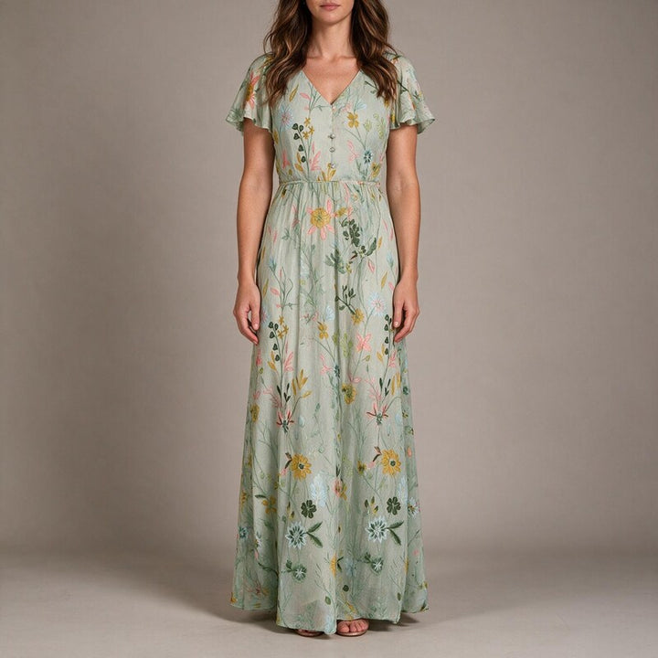 Summer Dress Women Flutter Sleeves | Fine Floral on Woven Chiffon #colour_green