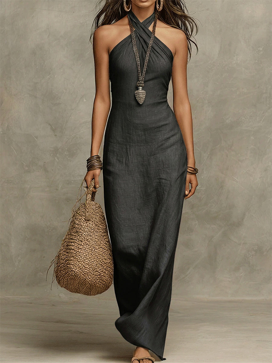 Summer Dress Women Halter Neck | Chic Linen Blend Maxi Length#colour_charcoal