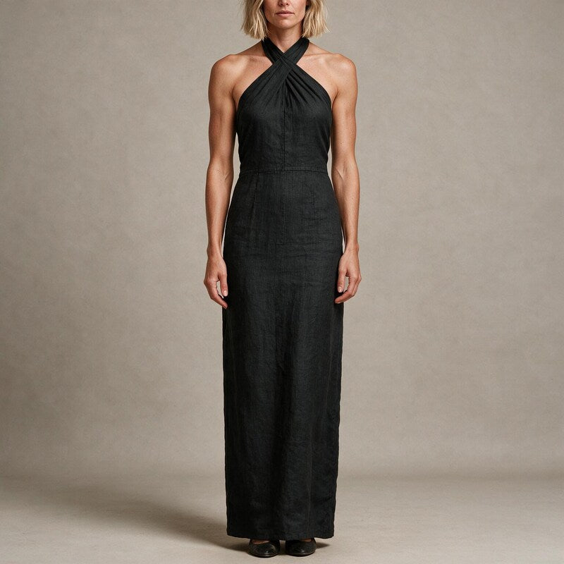 Summer Dress Women Halter Neck | Chic Linen Blend Maxi Length#colour_charcoal
