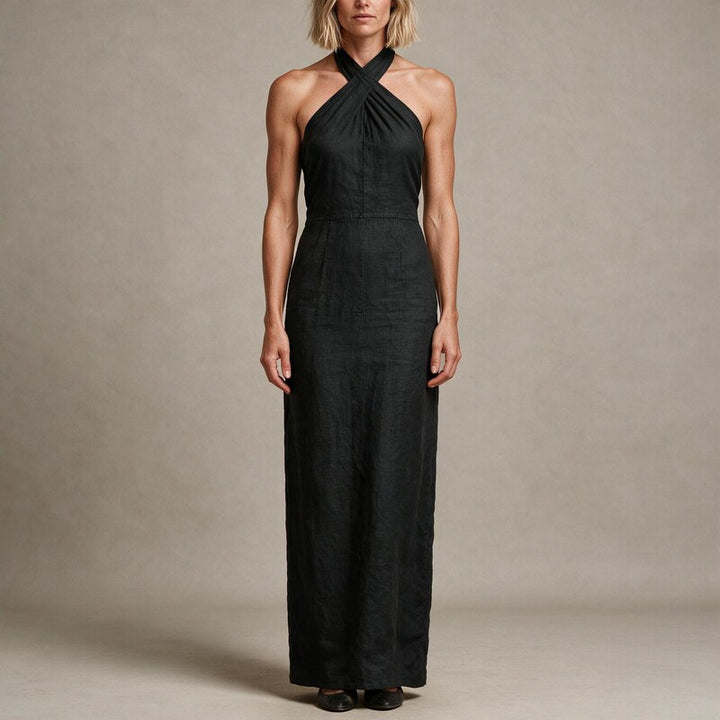 Summer Dress Women Halter Neck | Chic Linen Blend Maxi Length#colour_charcoal