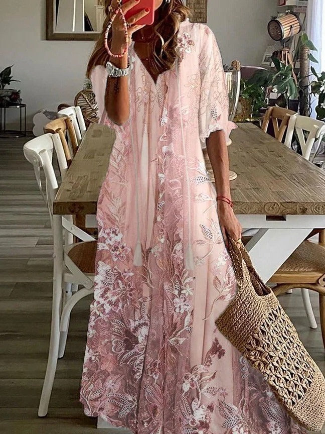 Summer Dress Women Lace Overlay | Soft Floral Maxi Length#colour_pink