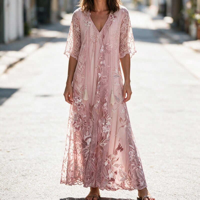Summer Dress Women Lace Overlay | Soft Floral Maxi Length#colour_pink