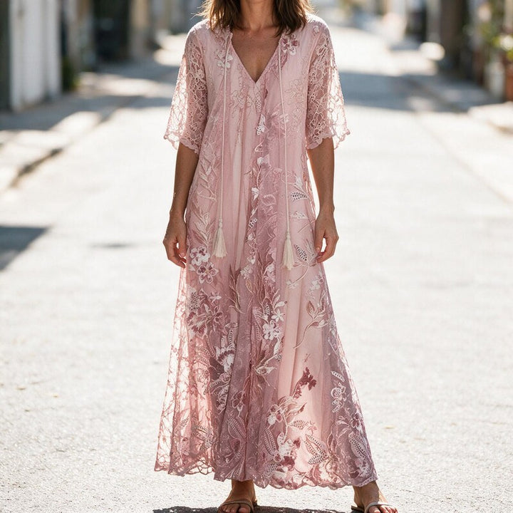 Summer Dress Women Lace Overlay | Soft Floral Maxi Length#colour_pink