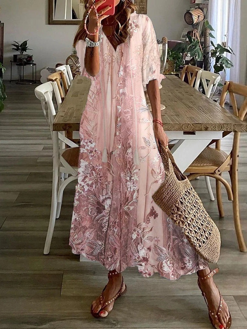 Summer Dress Women Lace Overlay | Soft Floral Maxi Length#colour_pink