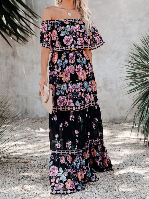Summer Dress Women Off Shoulder | Soft Floral Tiered Skirt#colour_black