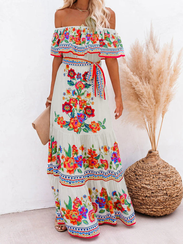 Summer Dress Women Off Shoulder | Soft Floral Tiered Skirt#colour_cream