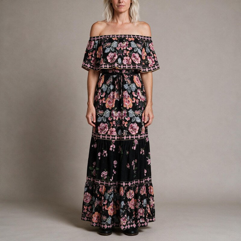 Summer Dress Women Off Shoulder | Soft Floral Tiered Skirt#colour_black