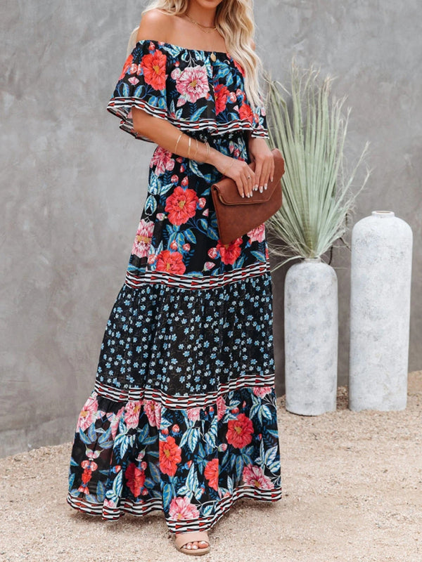 Summer Dress Women Off Shoulder | Soft Floral Tiered Skirt#colour_navy