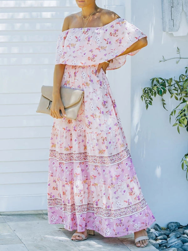 Summer Dress Women Off Shoulder | Soft Floral Tiered Skirt#colour_pink