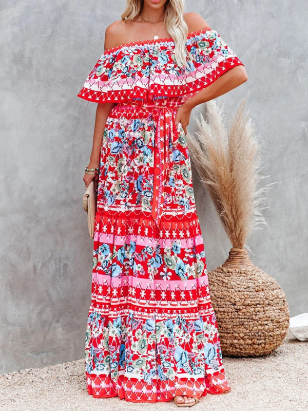 Summer Dress Women Off Shoulder | Soft Floral Tiered Skirt#colour_red
