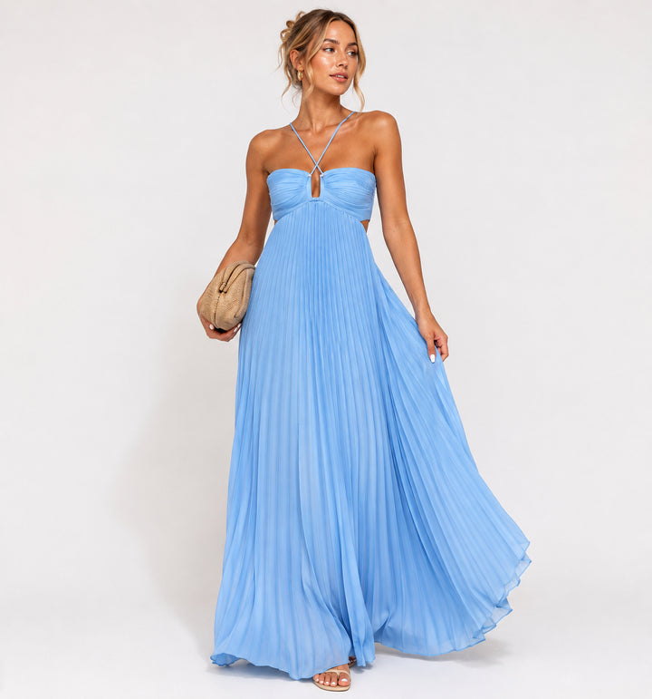 Summer Dress Women Pleated Skirt | Flowy Halter Neck Maxi#colour_blue