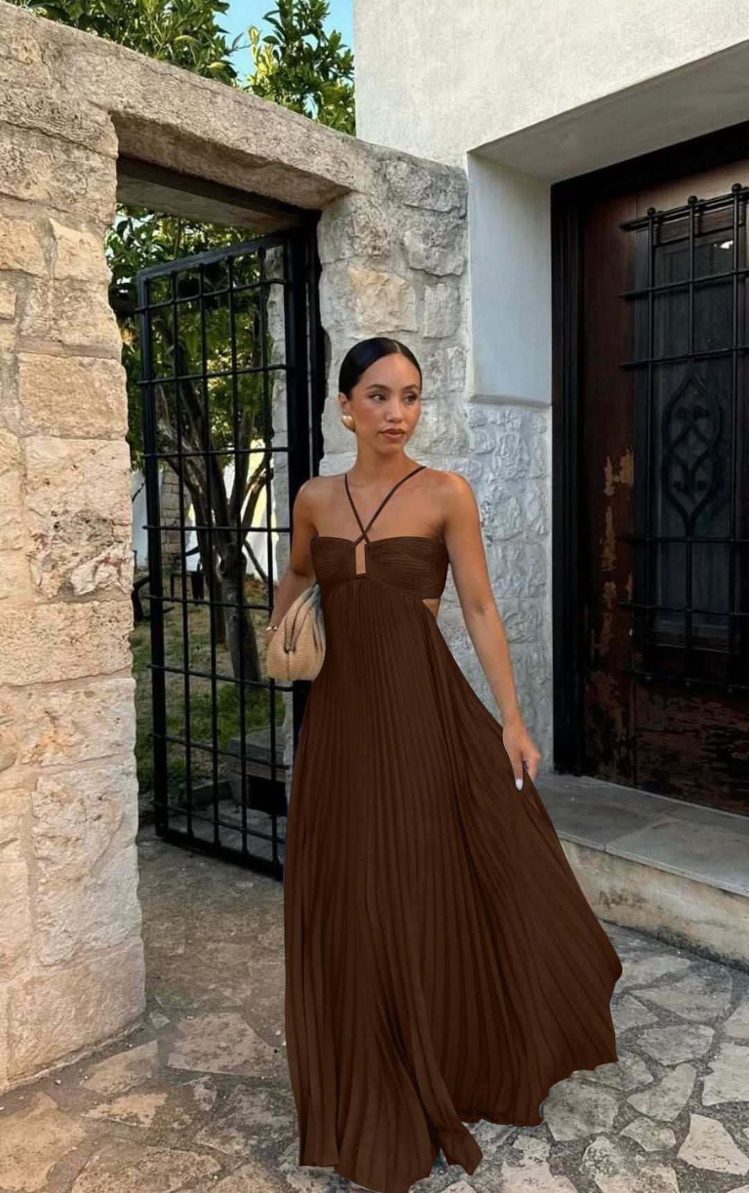 Summer Dress Women Pleated Skirt | Flowy Halter Neck Maxi#colour_brown