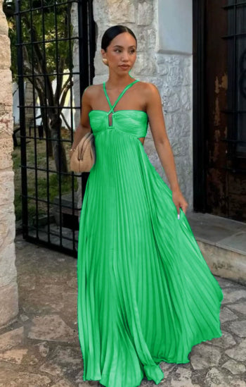 Summer Dress Women Pleated Skirt | Flowy Halter Neck Maxi#colour_green