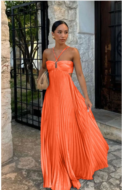 Summer Dress Women Pleated Skirt | Flowy Halter Neck Maxi#colour_orange